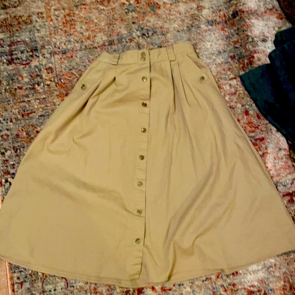 Vintage, tan, khaki skirt, button front, midi skirt